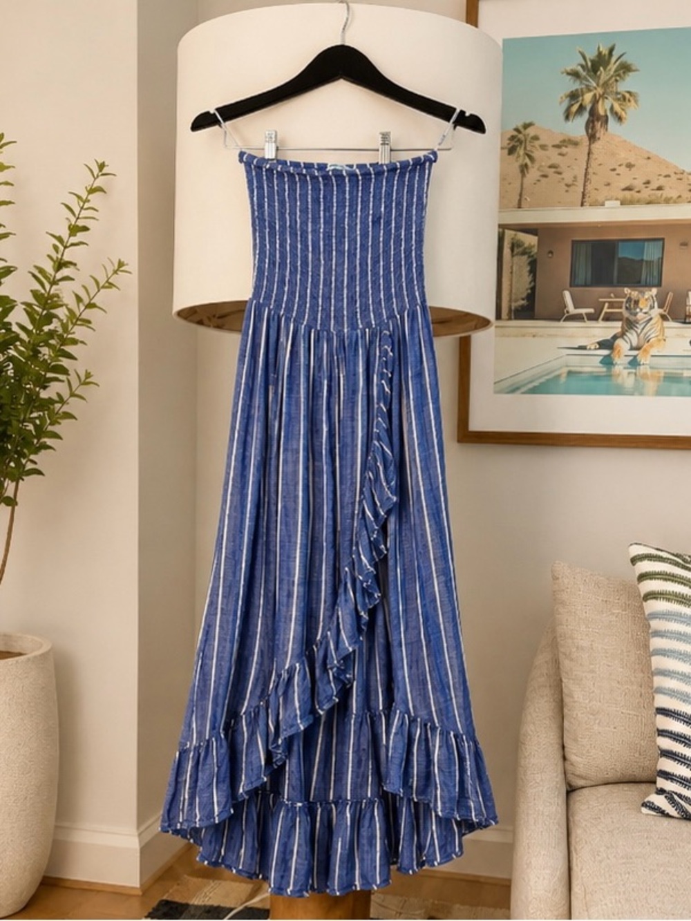 blue island Blue White Striped Smocked Ruffle Maxi Dress
